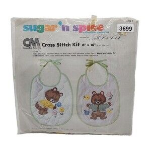 Sugar 'N Spice Baby Bear Bibs Stamped Cross Stitch Kit Vtg NOS Columbia-Minerva